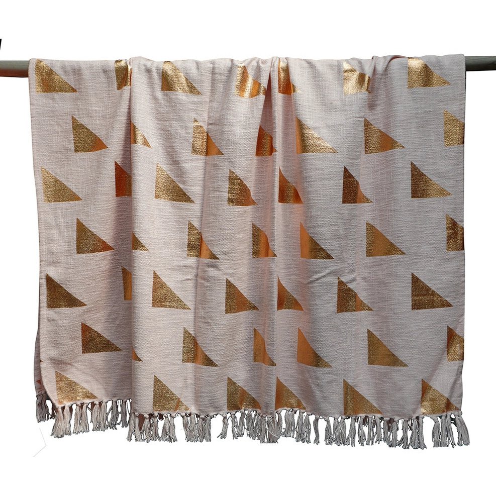 Peach Boho Plaid / Sofa Throw – Geometric Pattern with Fringes – 130×170 cm