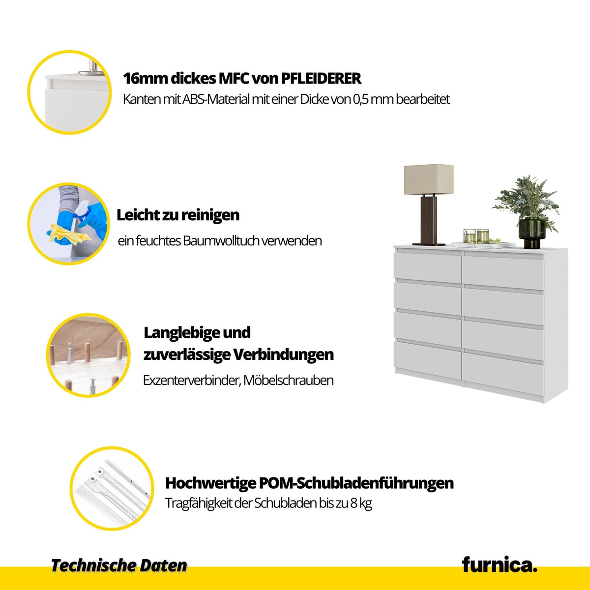AART Ladekast 120 x 92 x 33 cm – Dressoir met 8 Lades, Mat Wit, MFC Opbergkast