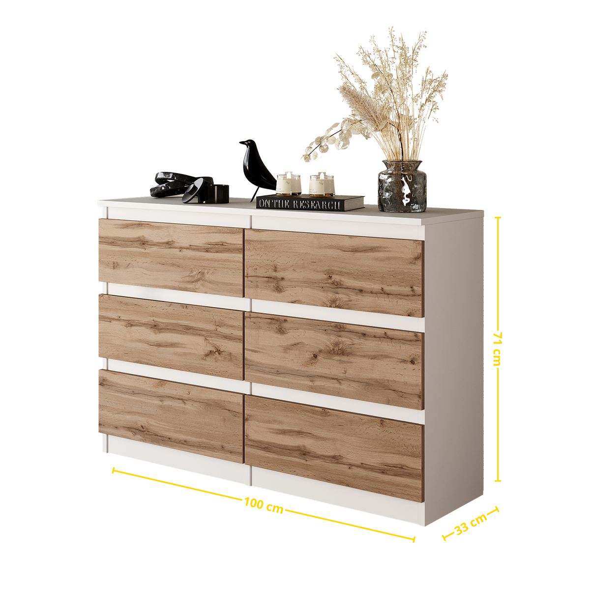BASTIAN Ladekast 100 x 71 x 33 cm – Dressoir met 6 Laden, Mat Wit & Wotan Eiken, Modern