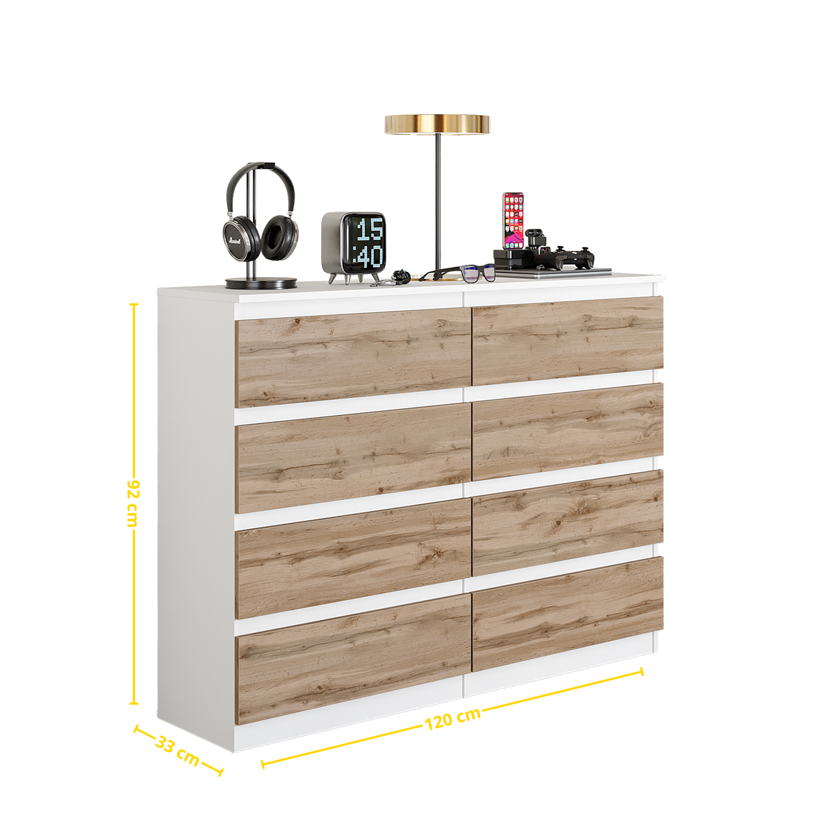BASTIAN Ladekast 120x92x33 cm – Dressoir met 8 Lades, Mat Wit & Wotan Eiken, MFC