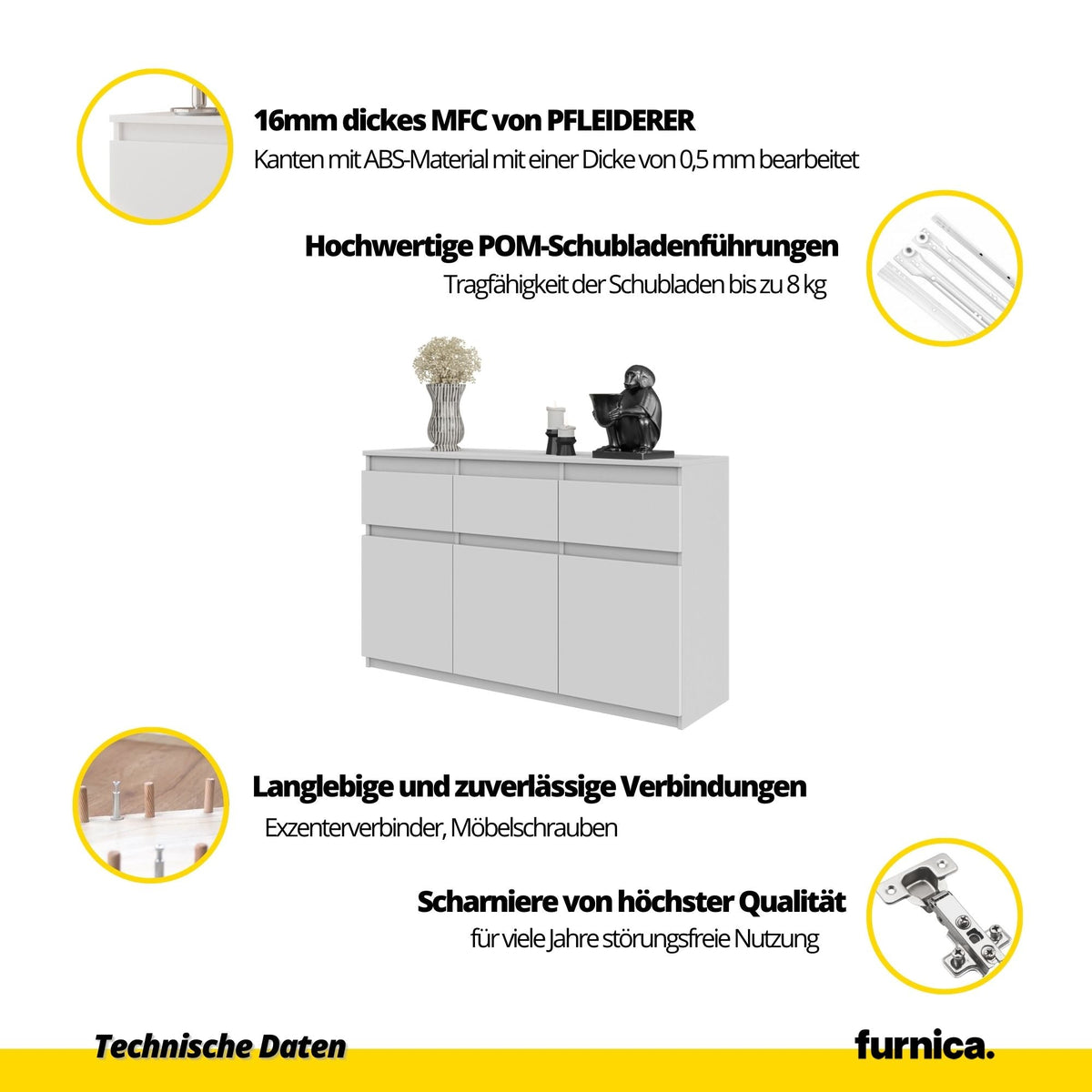 WOLTER Dressoir 120 x 75 x 35 cm – 3 Deuren en 3 Laden, Wotan Eiken en Hoogglans Wit
