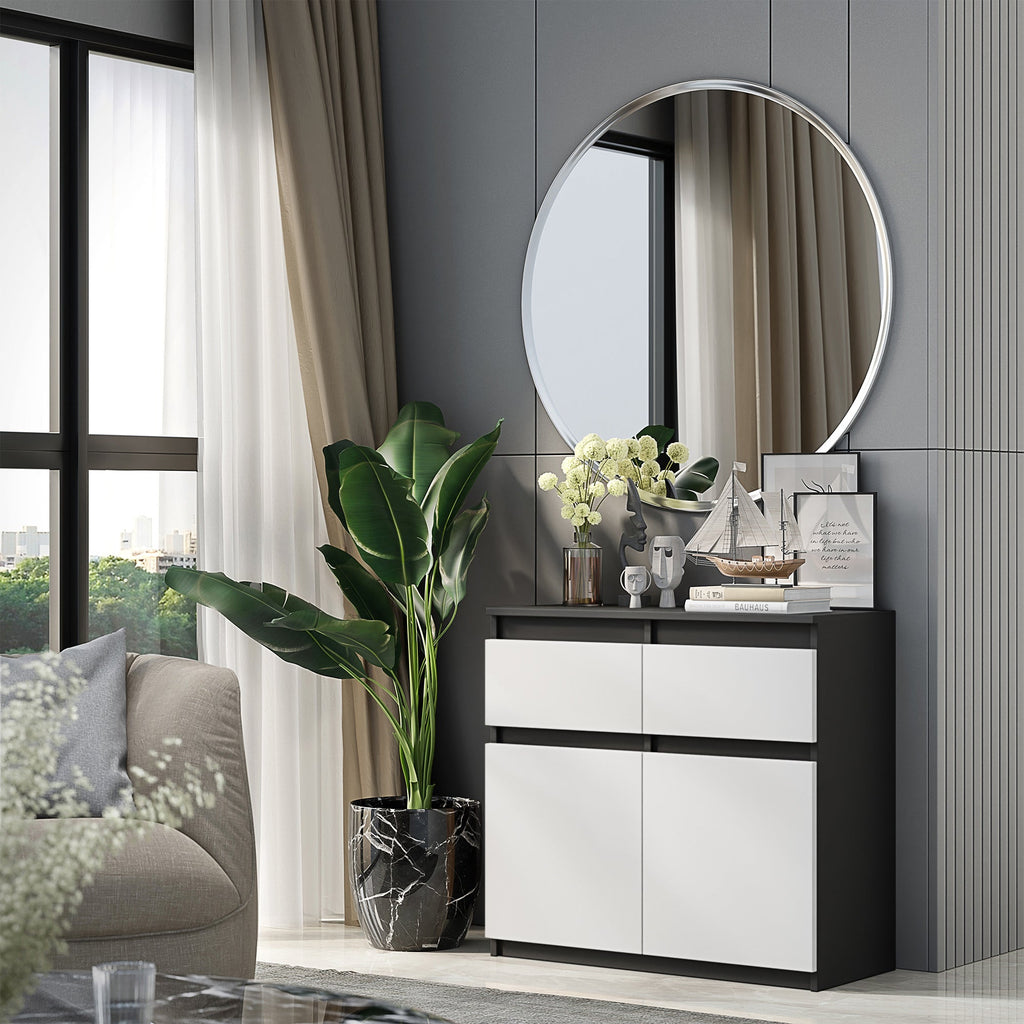 KAREL Dressoir 80 x 75 x 35 cm – Sideboard met 2 Deuren & 2 Laden, Antracietgrijs & Mat Wit, Opbergkast