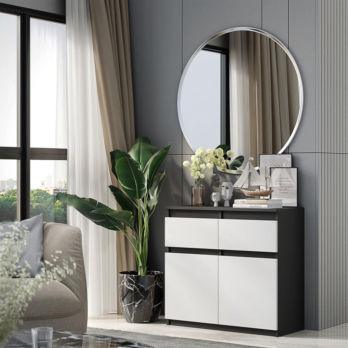 KAREL Dressoir 80 x 75 x 35 cm – Sideboard met 2 Deuren & 2 Laden, Antracietgrijs & Mat Wit, Opbergkast