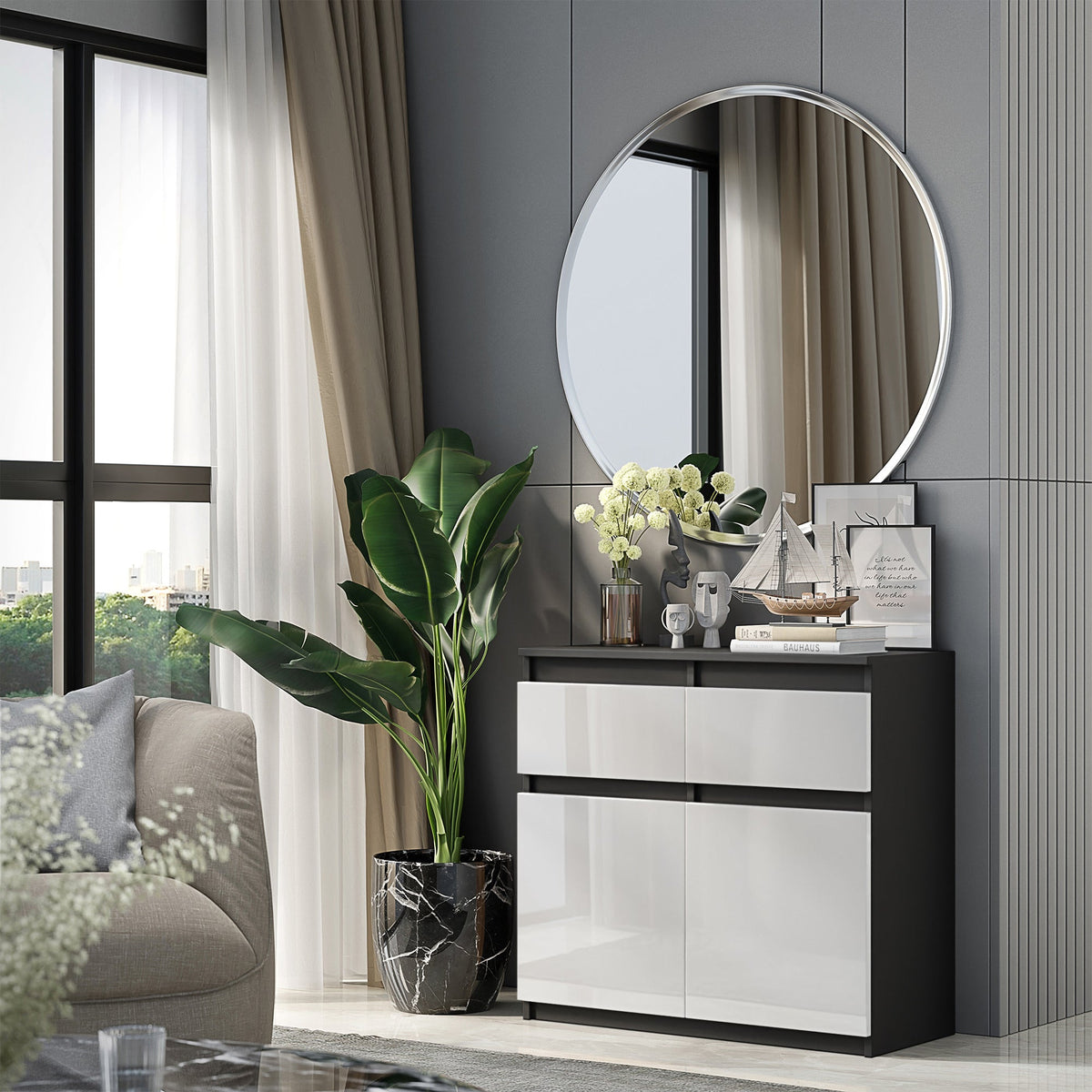 KAREL Dressoir 80 x 75 x 35 cm – Sideboard met 2 Deuren & 2 Laden, Antracietgrijs & Hoogglans Wit, Opbergkast