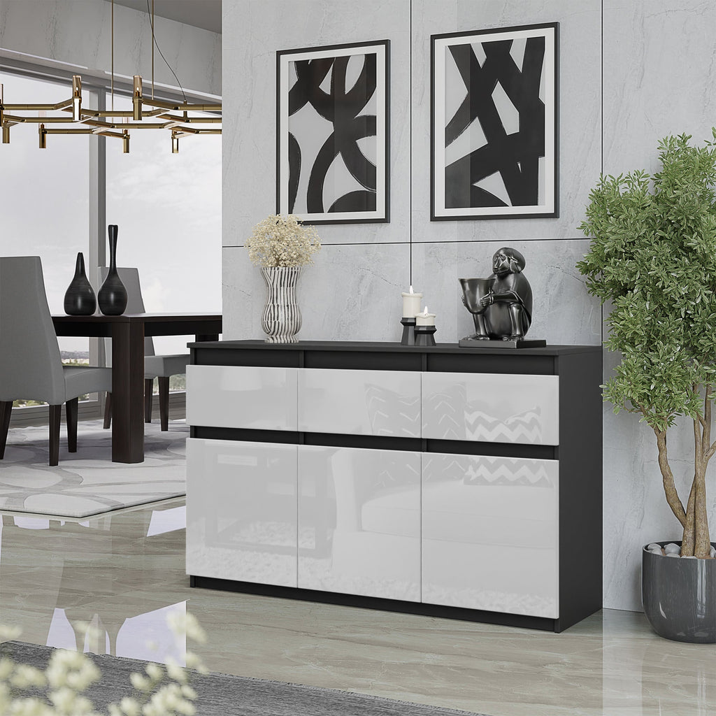 KAREL Dressoir 120 x 75 x 35 cm – Sideboard met 3 Deuren & 3 Laden, Antracietgrijs & Hoogglans Wit, Opbergkast