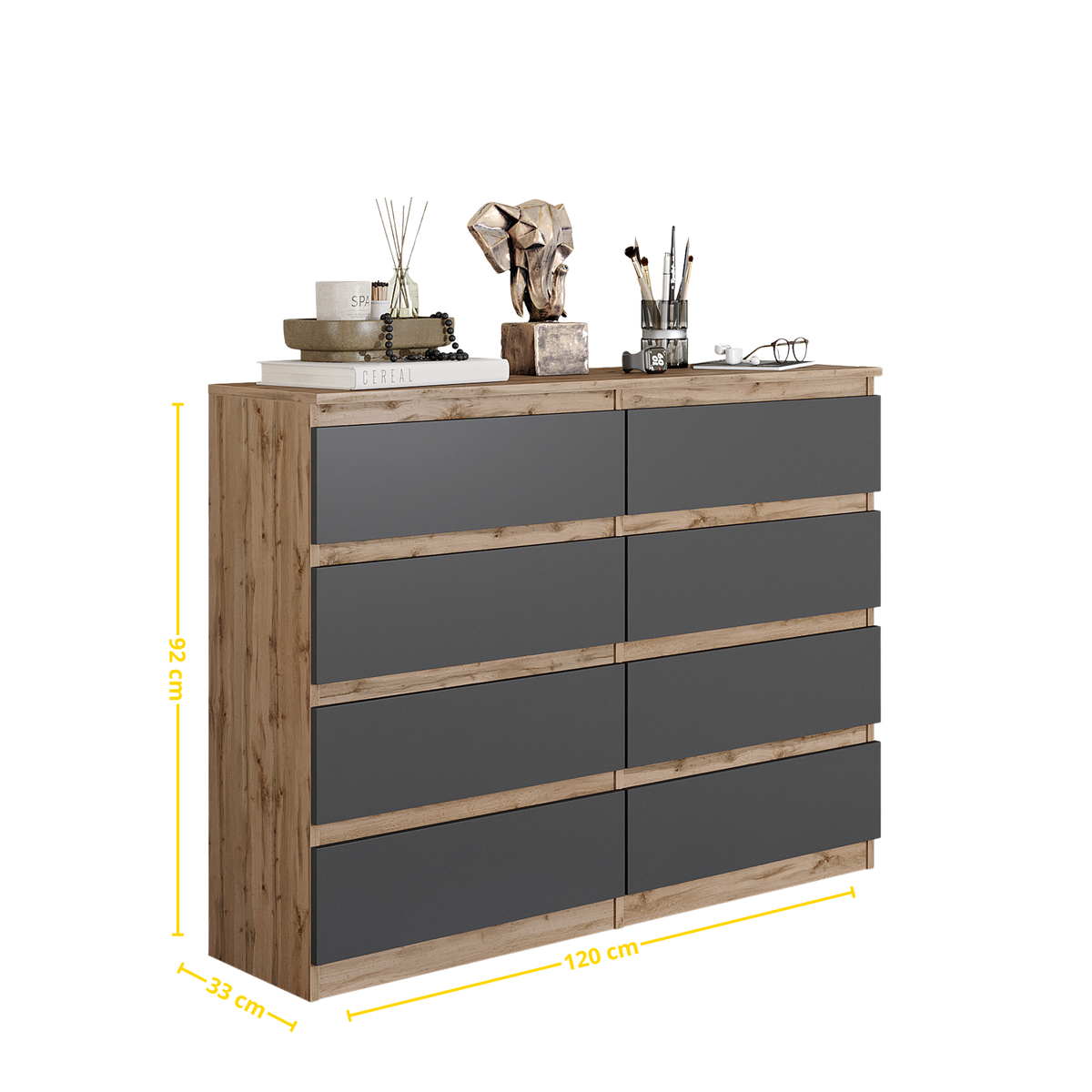 DANIEL Dressoir / Sideboard met 8 Laden – Wotan Eiken / Antraciet, MFC, H92 × B120 × D33 cm