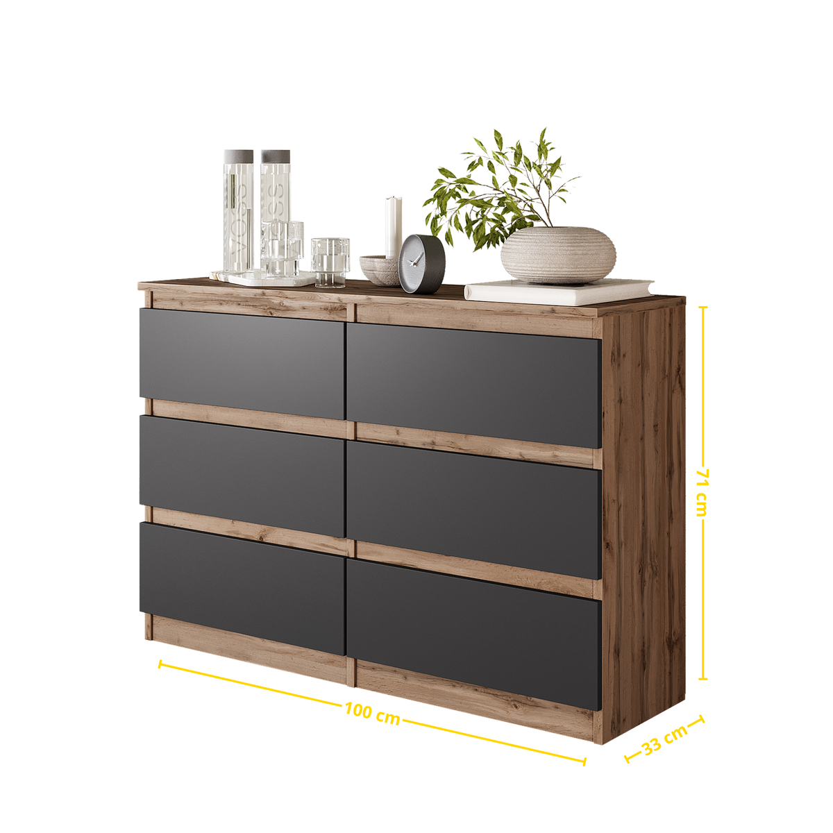 DANIEL Dressoir / Sideboard met 6 Laden – Wotan Eiken / Antraciet, MFC, H71 × B100 × D33 cm