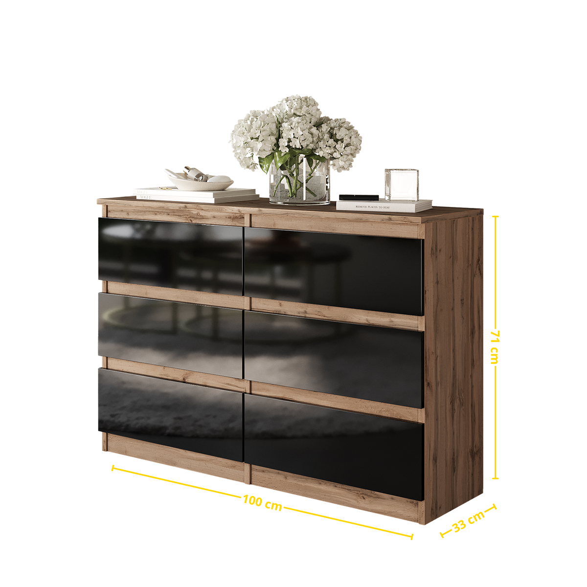 SAMUEL Dressoir / Sideboard met 6 Laden – Wotan Eiken / Zwart Hoogglans, MFC, H71 × B100 × D33 cm