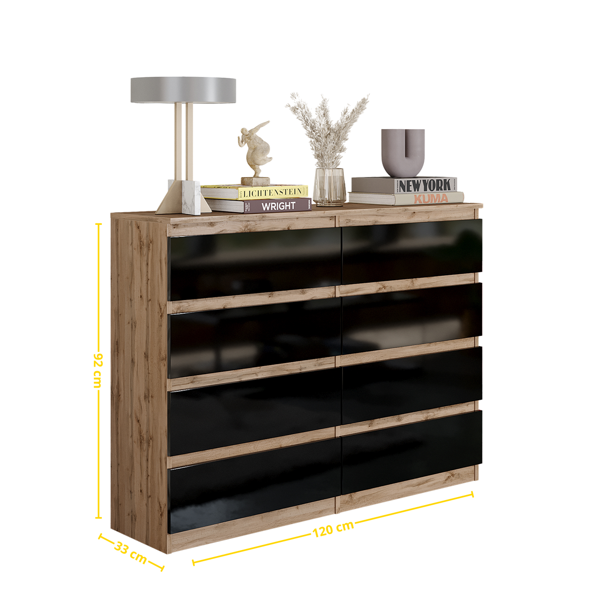 SAMUEL Dressoir / Sideboard met 8 Laden – Wotan Eiken / Zwart Hoogglans, MFC, H92 × B120 × D33 cm