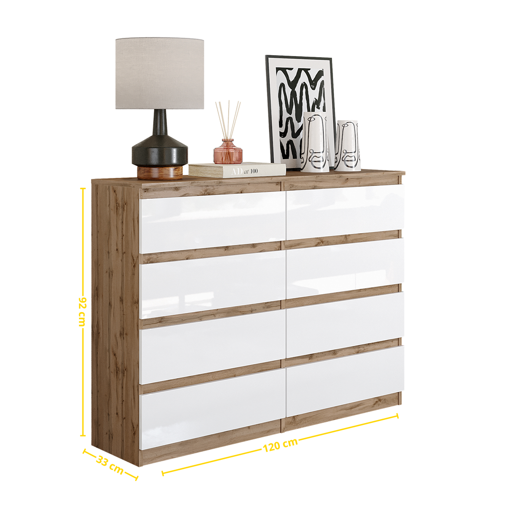 NATHAN Dressoir / Sideboard met 8 Laden – Wotan Eiken / Wit Hoogglans, MFC, H92 × B120 × D33 cm