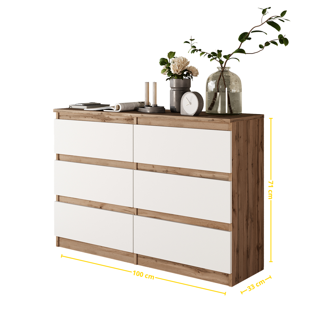 JASPER Dressoir / Sideboard met 6 Laden – Wotan Eiken / Wit Mat, MFC, H71 × B100 × D33 cm
