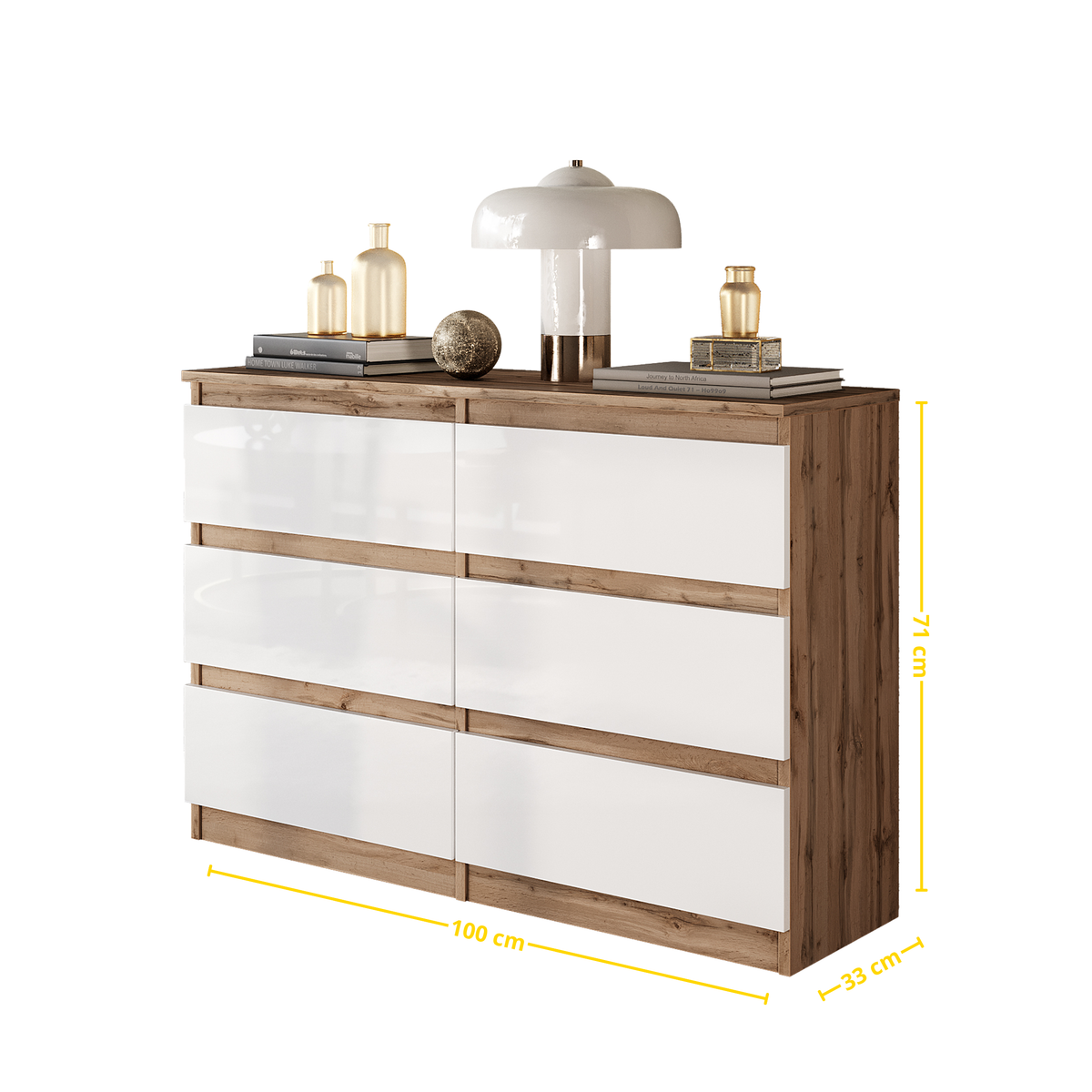 NATHAN Dressoir / Sideboard met 6 Laden – Wotan Eiken / Wit Hoogglans, MFC, H71 × B100 × D33 cm