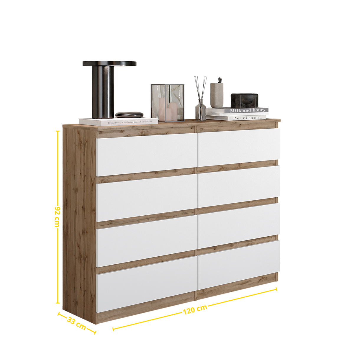JASPER Dressoir / Sideboard met 8 Laden – Wotan Eiken / Wit Mat, MFC, H92 × B120 × D33 cm