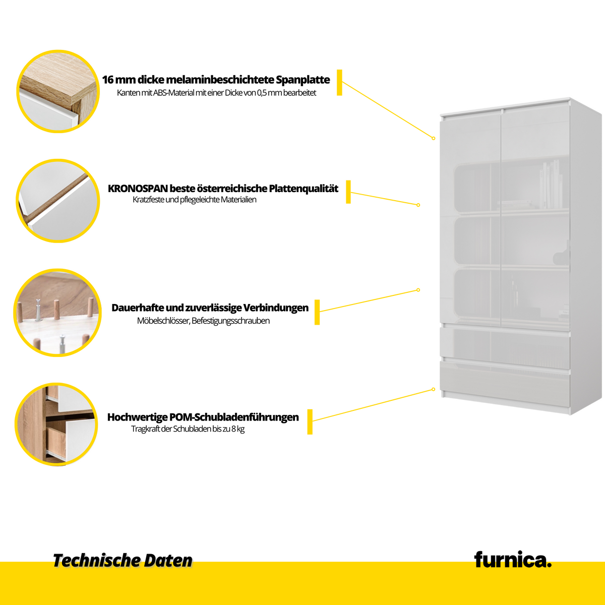 MARIUS Kledingkast 90 x 180 x 50 cm – 2 Deuren & 2 Lades, Mat Wit & Hoogglans Wit