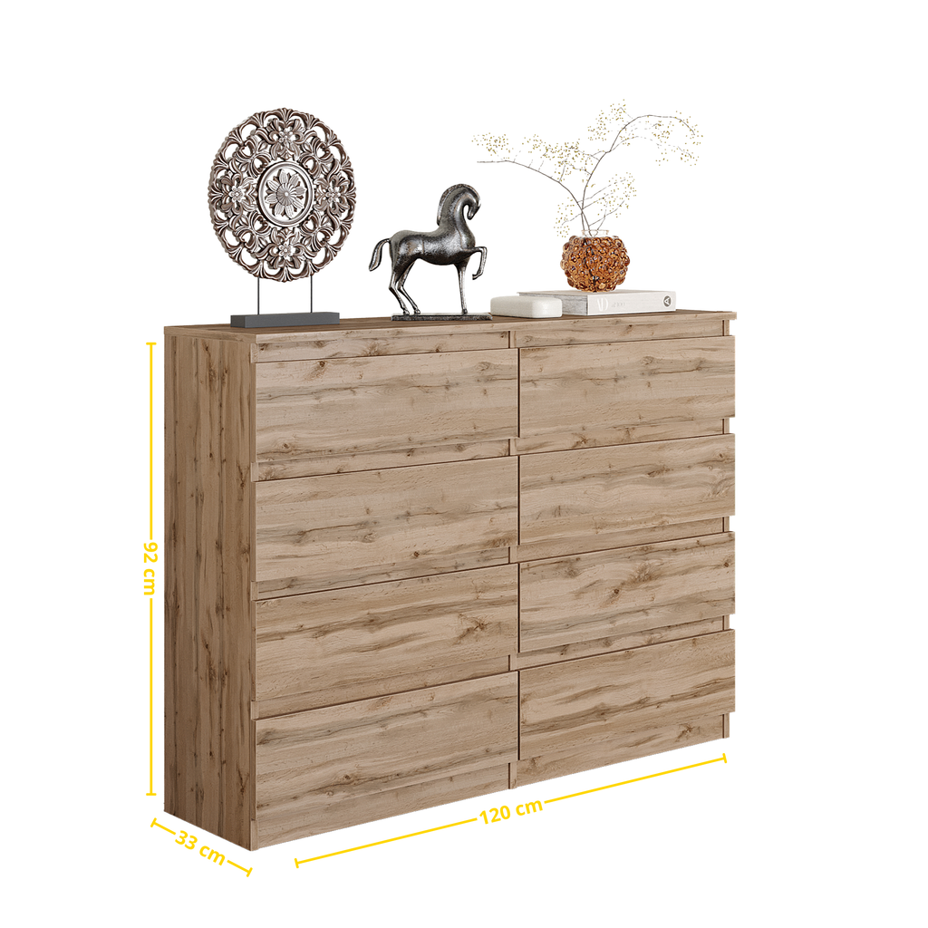ARNOLD Dressoir / Sideboard met 8 Laden – Wotan Eiken, MFC, H92 × B120 × D33 cm
