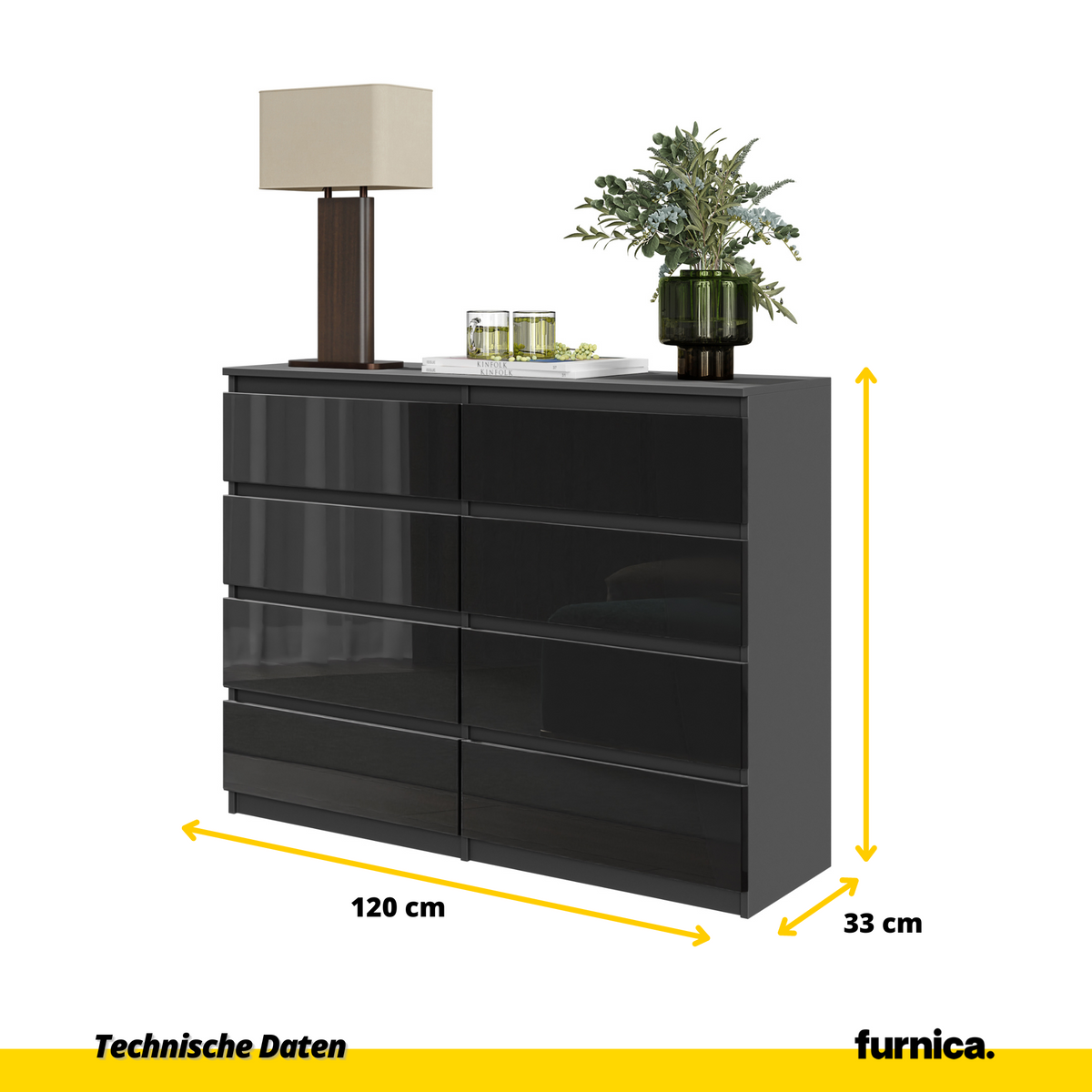 VINCENT Dressoir / Sideboard met 8 Laden – Antraciet / Zwart Hoogglans, MFC, H92 × B120 × D33 cm
