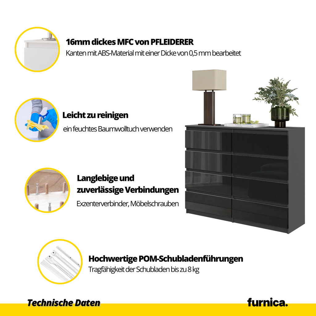 VINCENT Dressoir / Sideboard met 8 Laden – Antraciet / Zwart Hoogglans, MFC, H92 × B120 × D33 cm