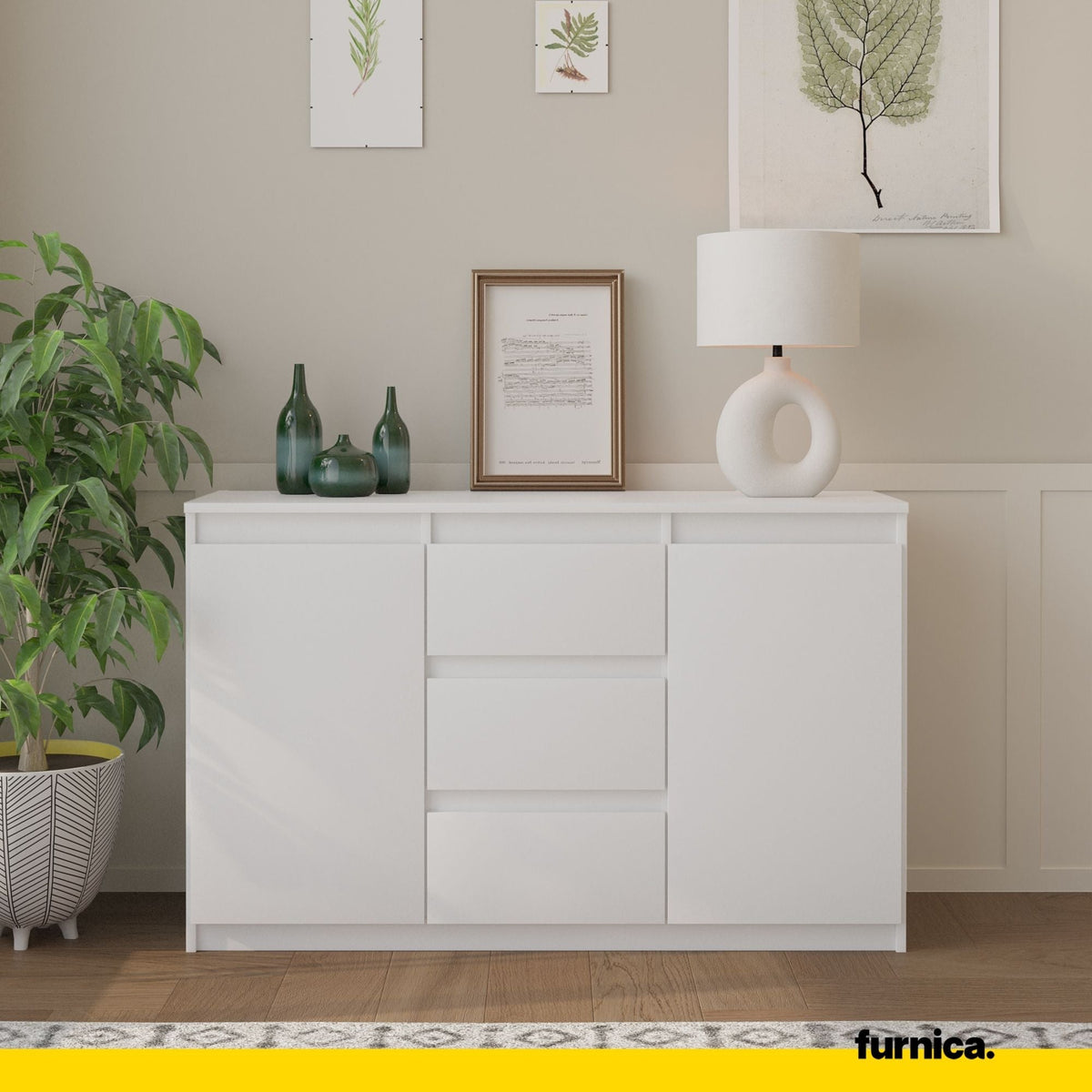 WALDO Dressoir 120 x 75 x 35 cm – Sideboard met 2 Deuren & 3 Laden, Mat Wit, Opbergkast