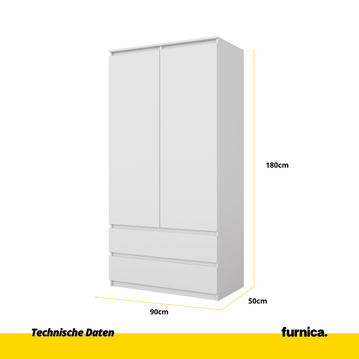 MARIUS Kledingkast 90 x 180 x 50 cm – 2 Deuren & 2 Lades, Mat Wit, Ruime Garderobekast