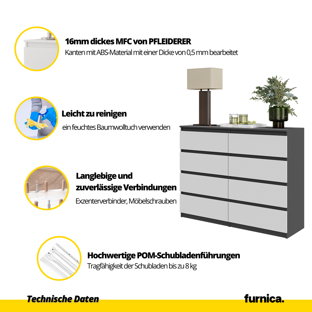 JOEL Dressoir / Sideboard met 8 Laden – Antraciet/Wit Mat, MFC, H92 × B120 × D33 cm