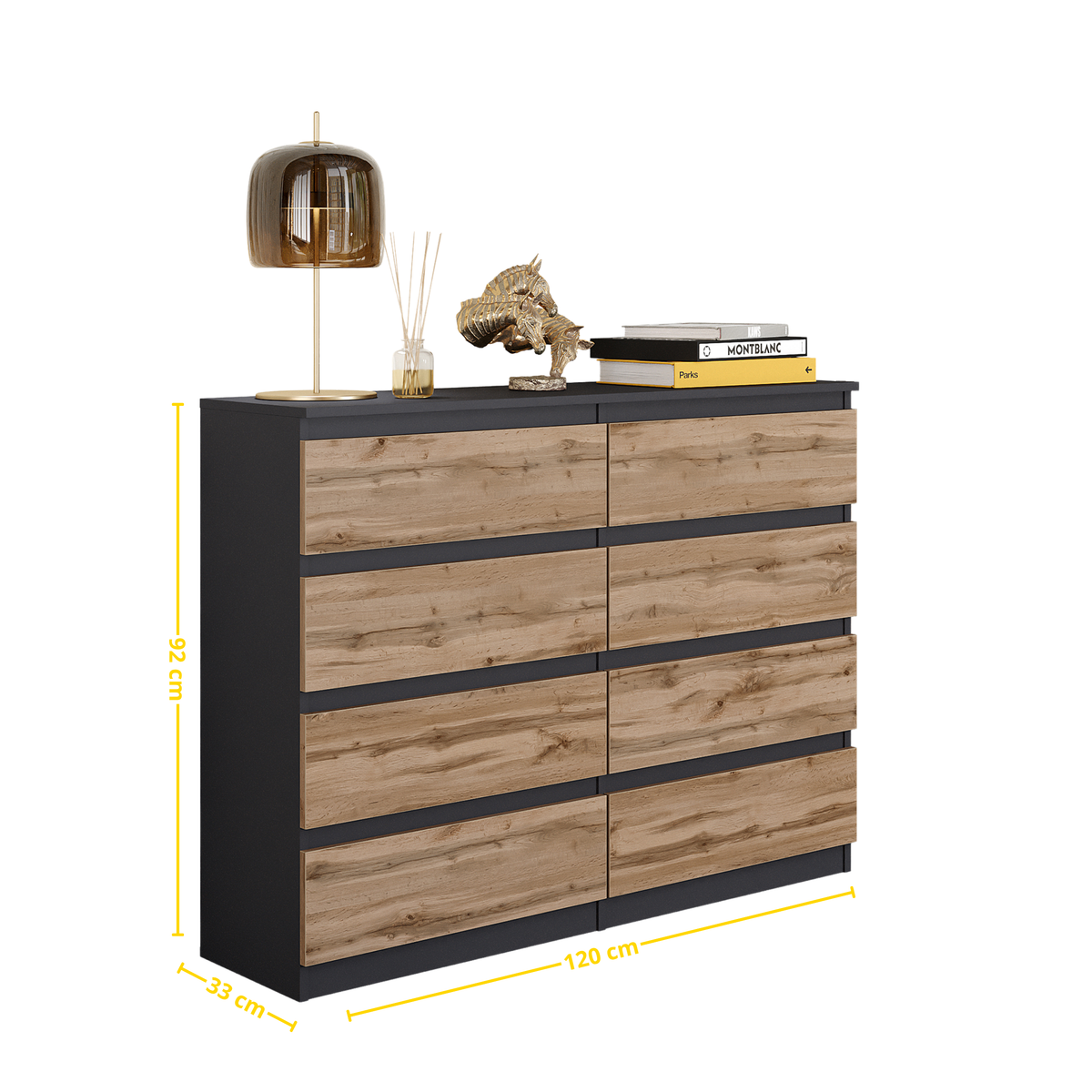 ARJEN Ladekast 120 x 92 x 33 cm – Dressoir met 8 Lades, Antracietgrijs & Wotan Eiken, MFC