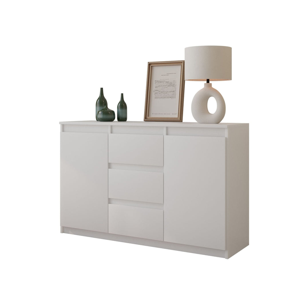 WALDO Dressoir 120 x 75 x 35 cm – Sideboard met 2 Deuren & 3 Laden, Mat Wit, Opbergkast
