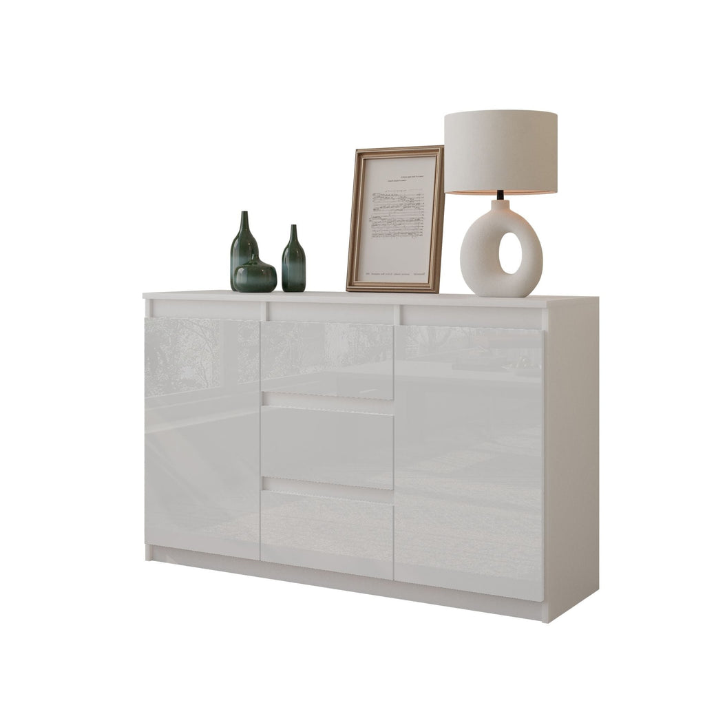 WALDO Dressoir 120 x 75 x 35 cm – Sideboard met 2 Deuren & 3 Laden, Mat Wit & Hoogglans Wit, Opbergkast