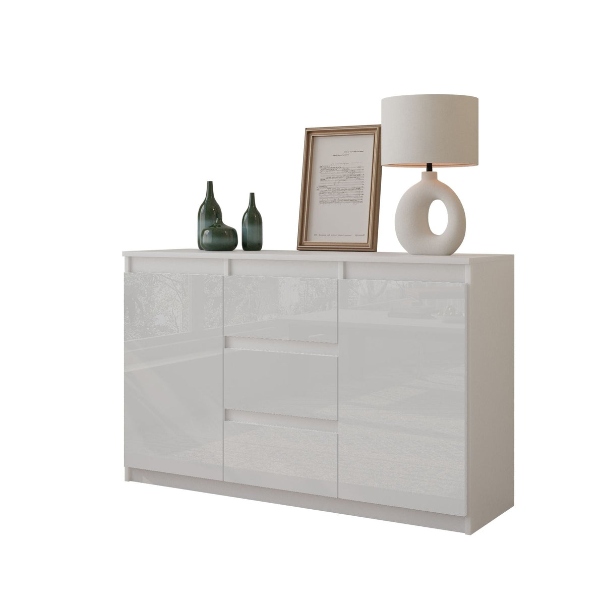 WALDO Dressoir 120 x 75 x 35 cm – Sideboard met 2 Deuren & 3 Laden, Mat Wit & Hoogglans Wit, Opbergkast