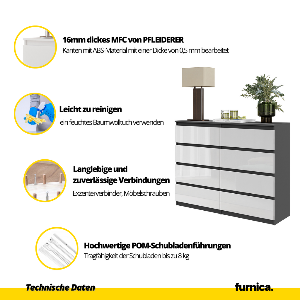 LEON Dressoir / Sideboard met 8 Laden – Antraciet/Wit Hoogglans, MFC, H92 × B120 × D33 cm