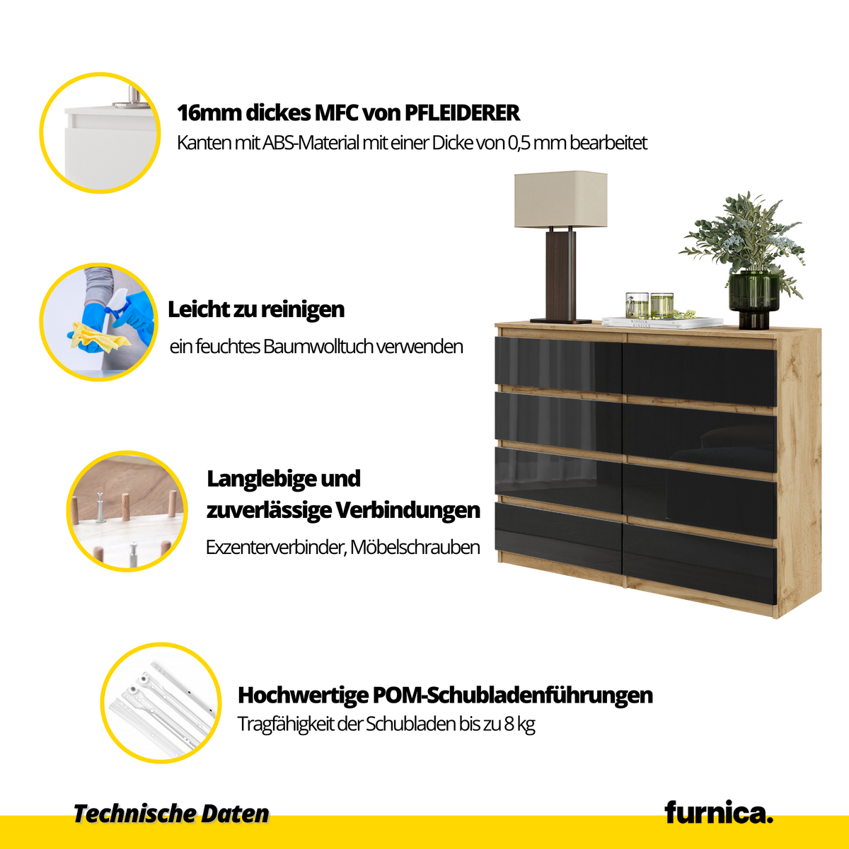 SAMUEL Dressoir / Sideboard met 8 Laden – Wotan Eiken / Zwart Hoogglans, MFC, H92 × B120 × D33 cm