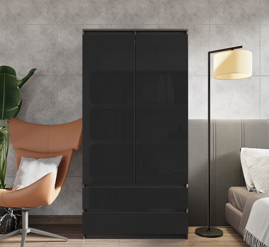 RIEN Kledingkast 90 x 180 x 50 cm – 2 Deuren & 2 Lades, Antracietgrijs & Hoogglans Zwart
