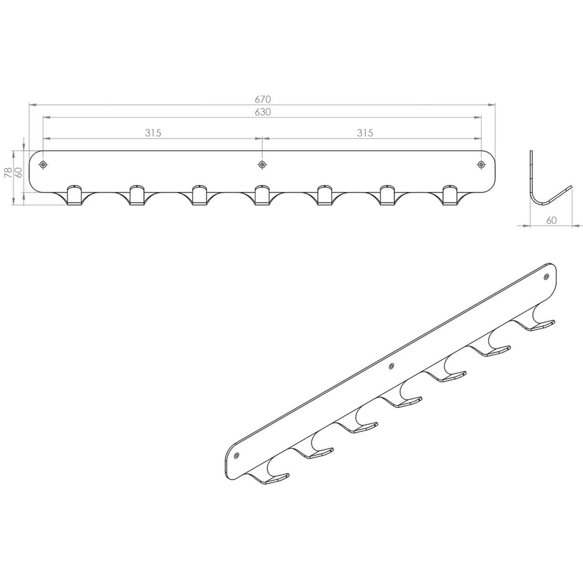 Rounded Seven Wandkapstok – Metaal – 7 Haken Industrieel