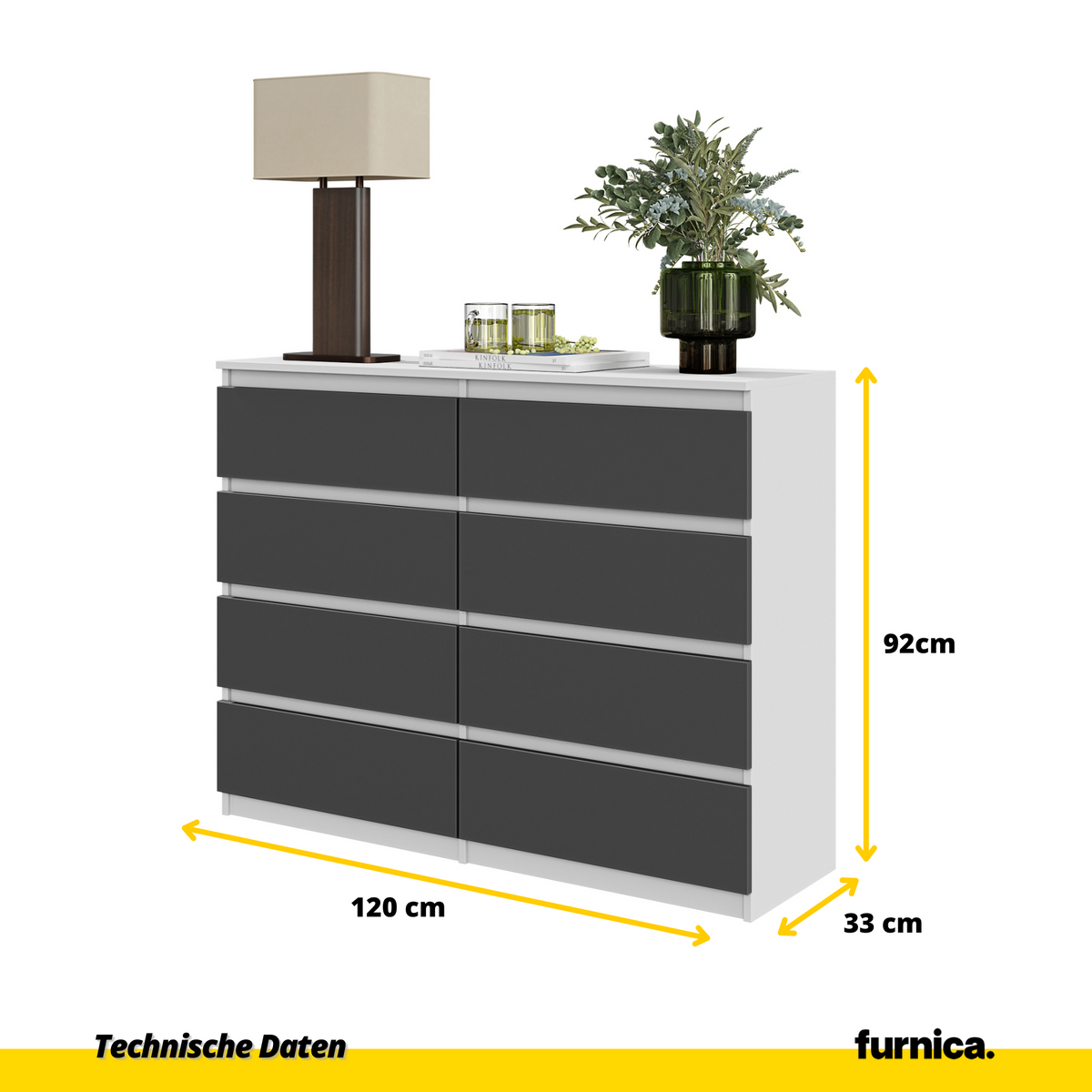 NOAH Dressoir / Sideboard met 8 Laden – Wit Mat / Antraciet, MFC, H92 × B120 × D33 cm