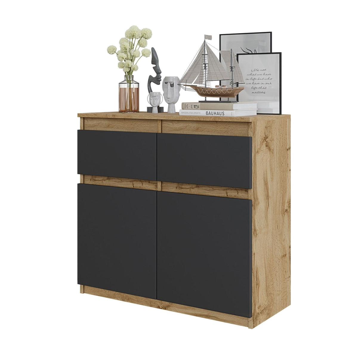 EVERT Dressoir 80 x 75 x 35 cm – Sideboard met 2 Deuren & 2 Laden, Wotan Eiken & Antracietgrijs, Opbergkast