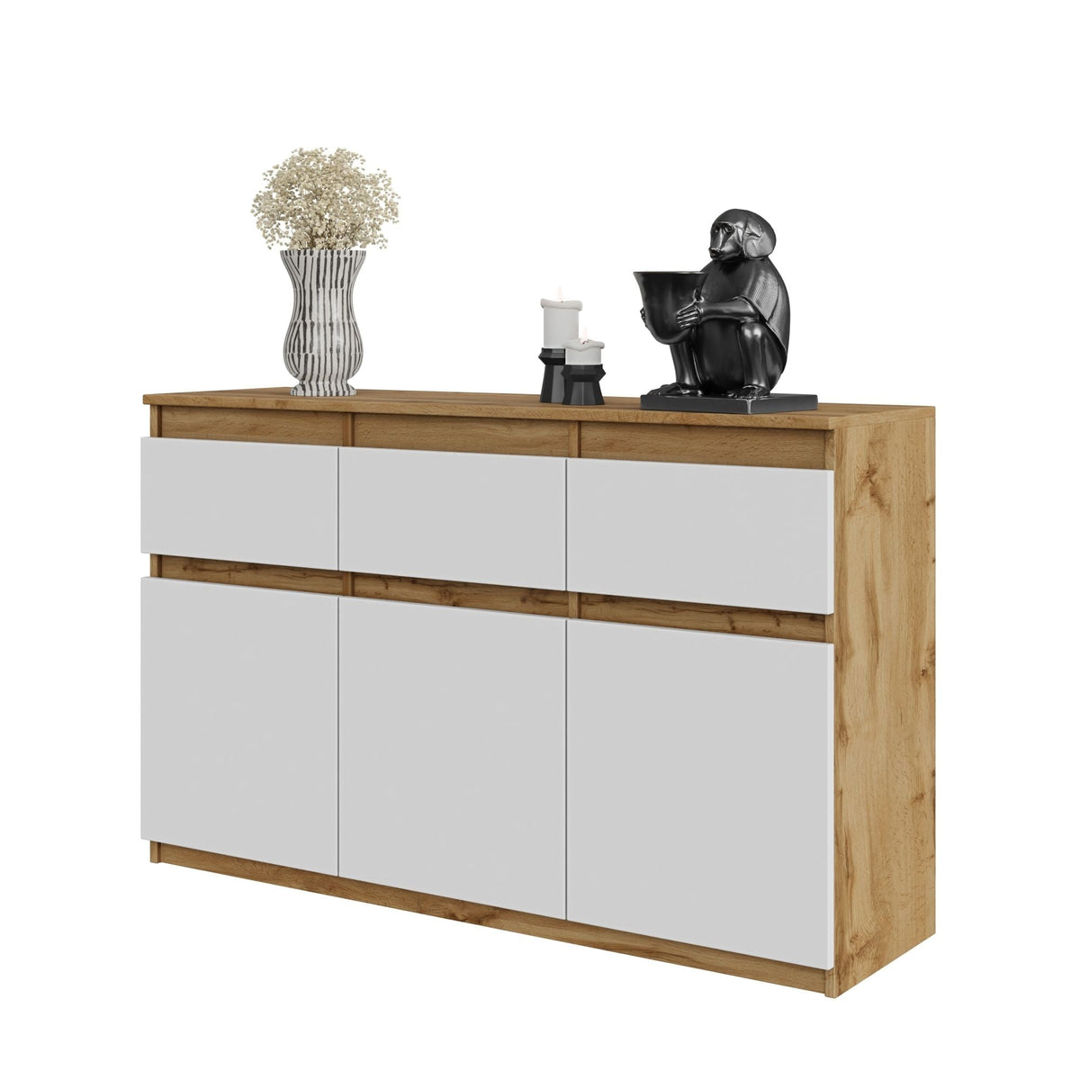 WOLTER Dressoir 120 x 75 x 35 cm – 3 Deuren & 3 Lades, Wotan Eiken & Mat Wit, Opbergkast