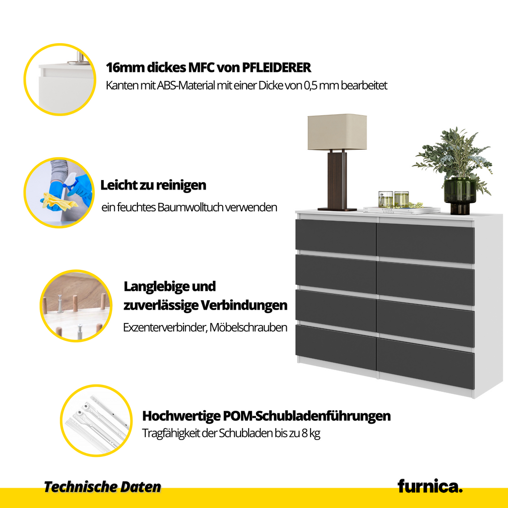 NOAH Dressoir / Sideboard met 8 Laden – Wit Mat / Antraciet, MFC, H92 × B120 × D33 cm