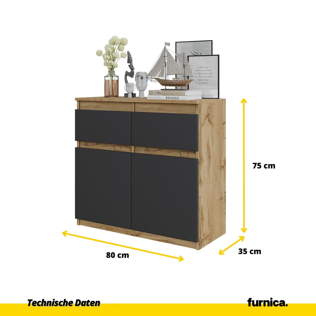 EVERT Dressoir 80 x 75 x 35 cm – Sideboard met 2 Deuren & 2 Laden, Wotan Eiken & Antracietgrijs, Opbergkast