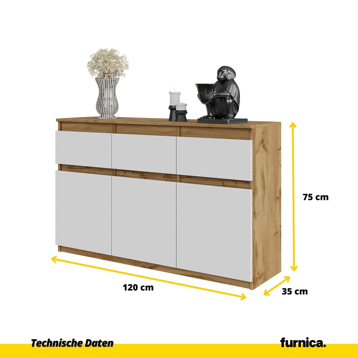 WOLTER Dressoir 120 x 75 x 35 cm – 3 Deuren & 3 Lades, Wotan Eiken & Mat Wit, Opbergkast
