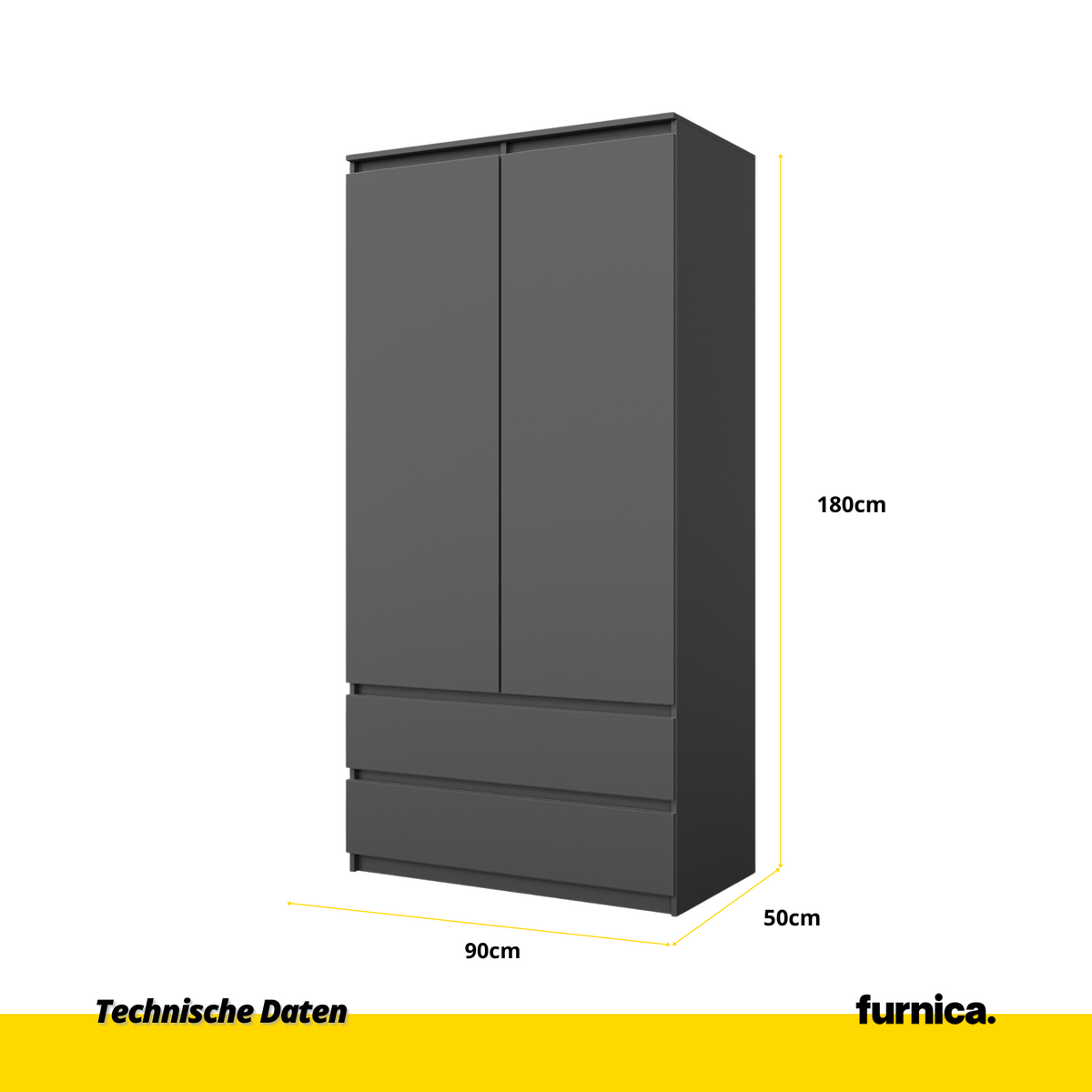 MERTEN Kledingkast 90 x 180 x 50 cm – 2 Deuren & 2 Lades, Antracietgrijs