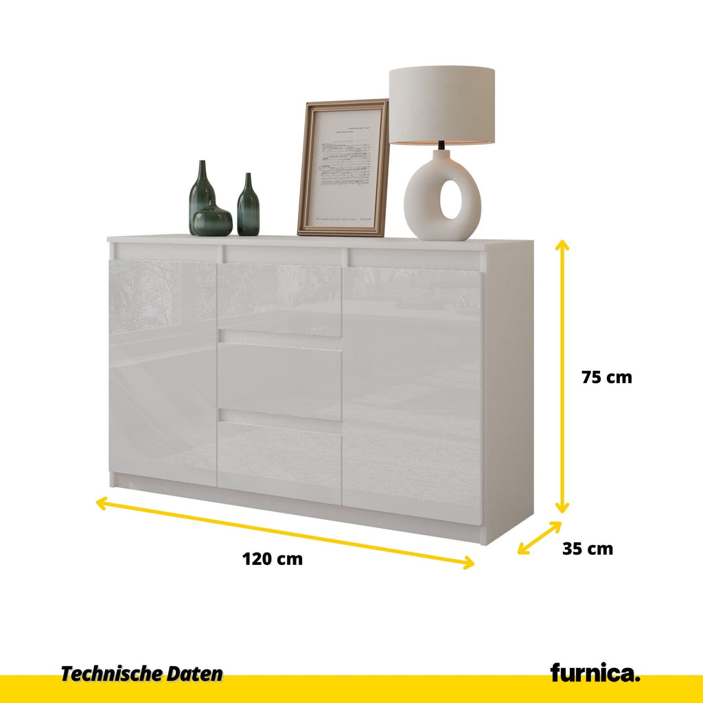 WALDO Dressoir 120 x 75 x 35 cm – Sideboard met 2 Deuren & 3 Laden, Mat Wit & Hoogglans Wit, Opbergkast