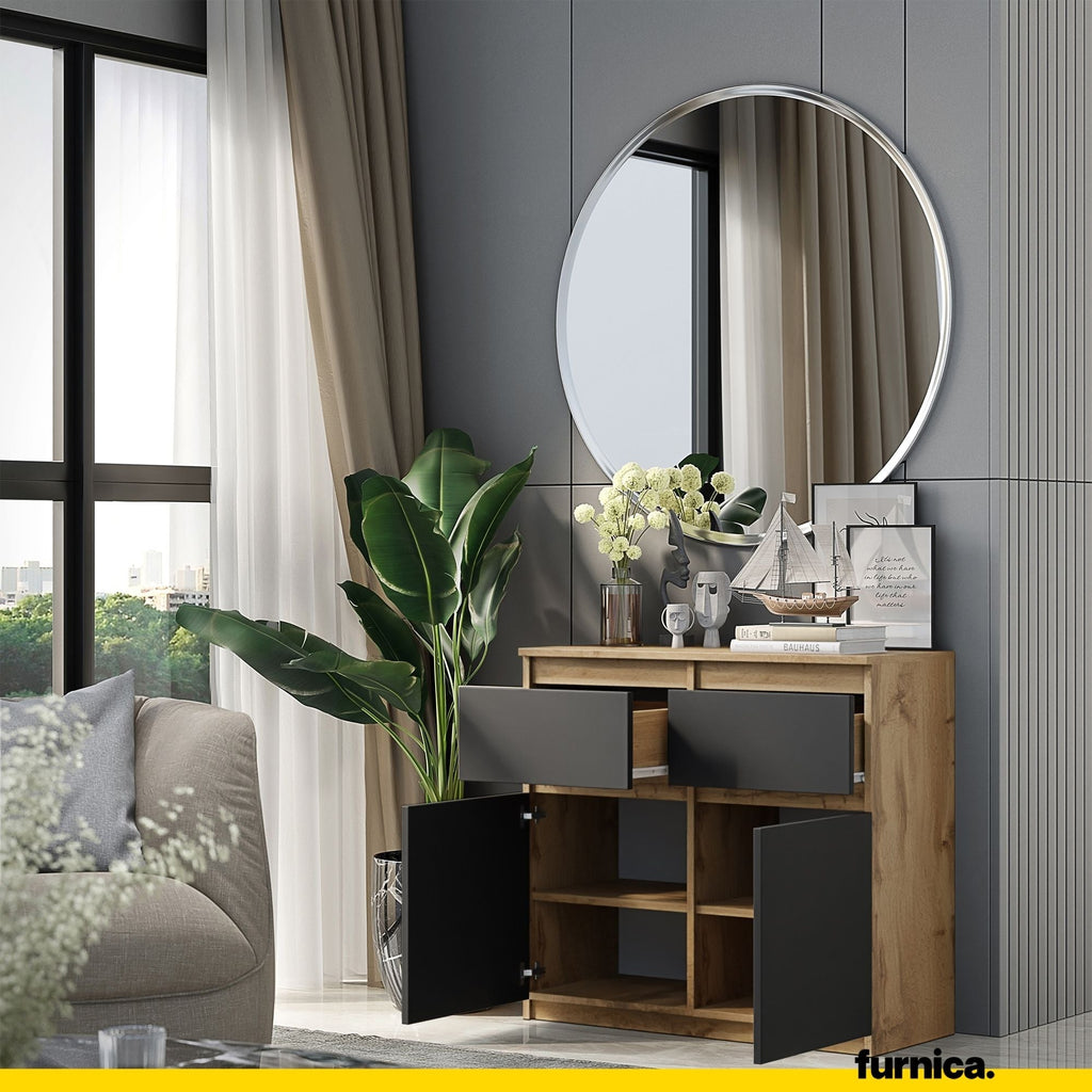 EVERT Dressoir 80 x 75 x 35 cm – Sideboard met 2 Deuren & 2 Laden, Wotan Eiken & Antracietgrijs, Opbergkast