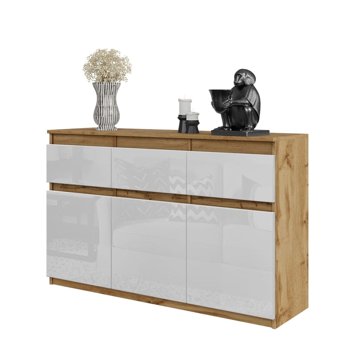 WOLTER Dressoir 120 x 75 x 35 cm – 3 Deuren en 3 Laden, Wotan Eiken en Hoogglans Wit