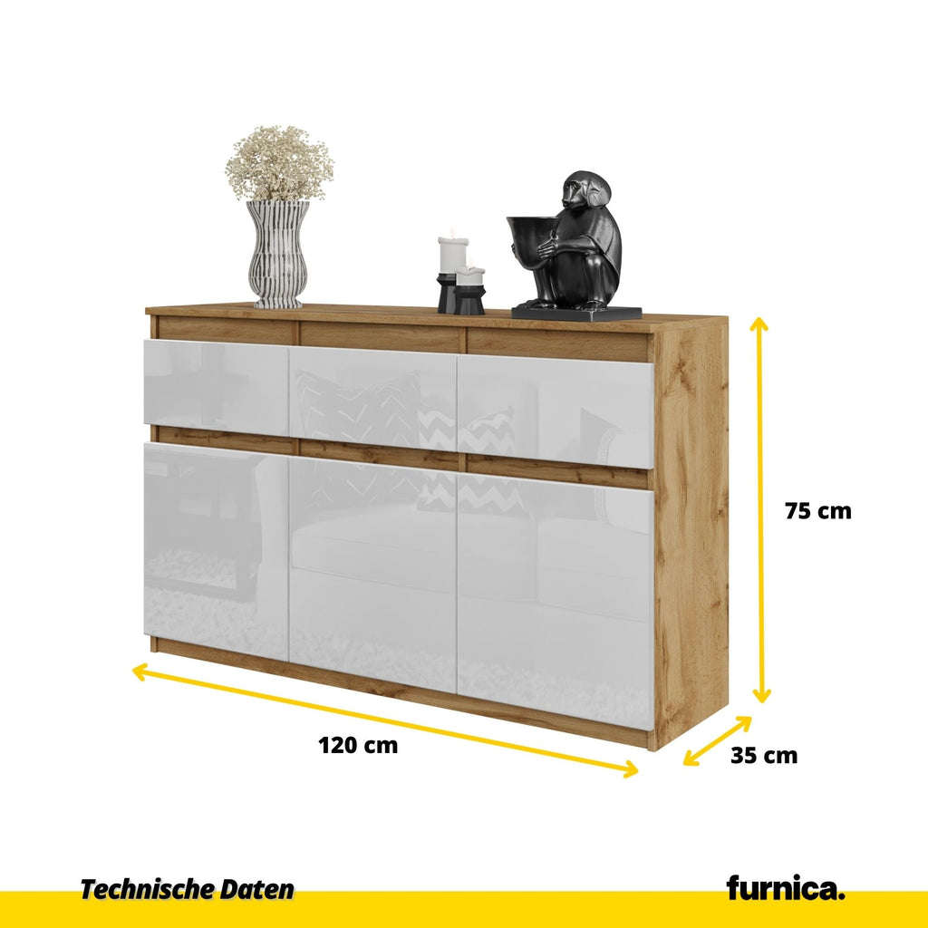 WOLTER Dressoir 120 x 75 x 35 cm – 3 Deuren en 3 Laden, Wotan Eiken en Hoogglans Wit