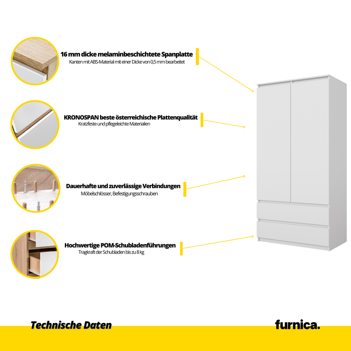 MARIUS Kledingkast 90 x 180 x 50 cm – 2 Deuren & 2 Lades, Mat Wit, Ruime Garderobekast