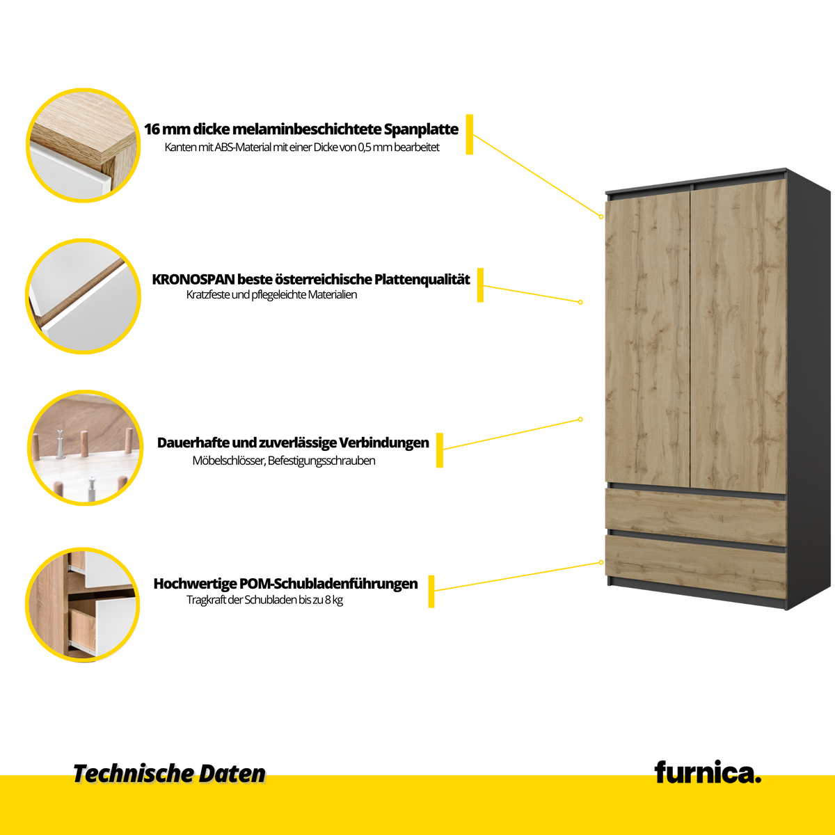 FRITZ Kledingkast 90 x 180 x 50 cm – 2 Deuren & 2 Lades, Antracietgrijs & Wotan Eiken