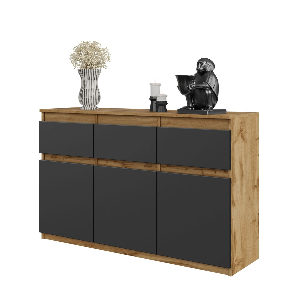 BRAM Dressoir 120 x 75 x 35 cm – 3 Deuren & 3 Lades, Wotan Eiken & Antracietgrijs