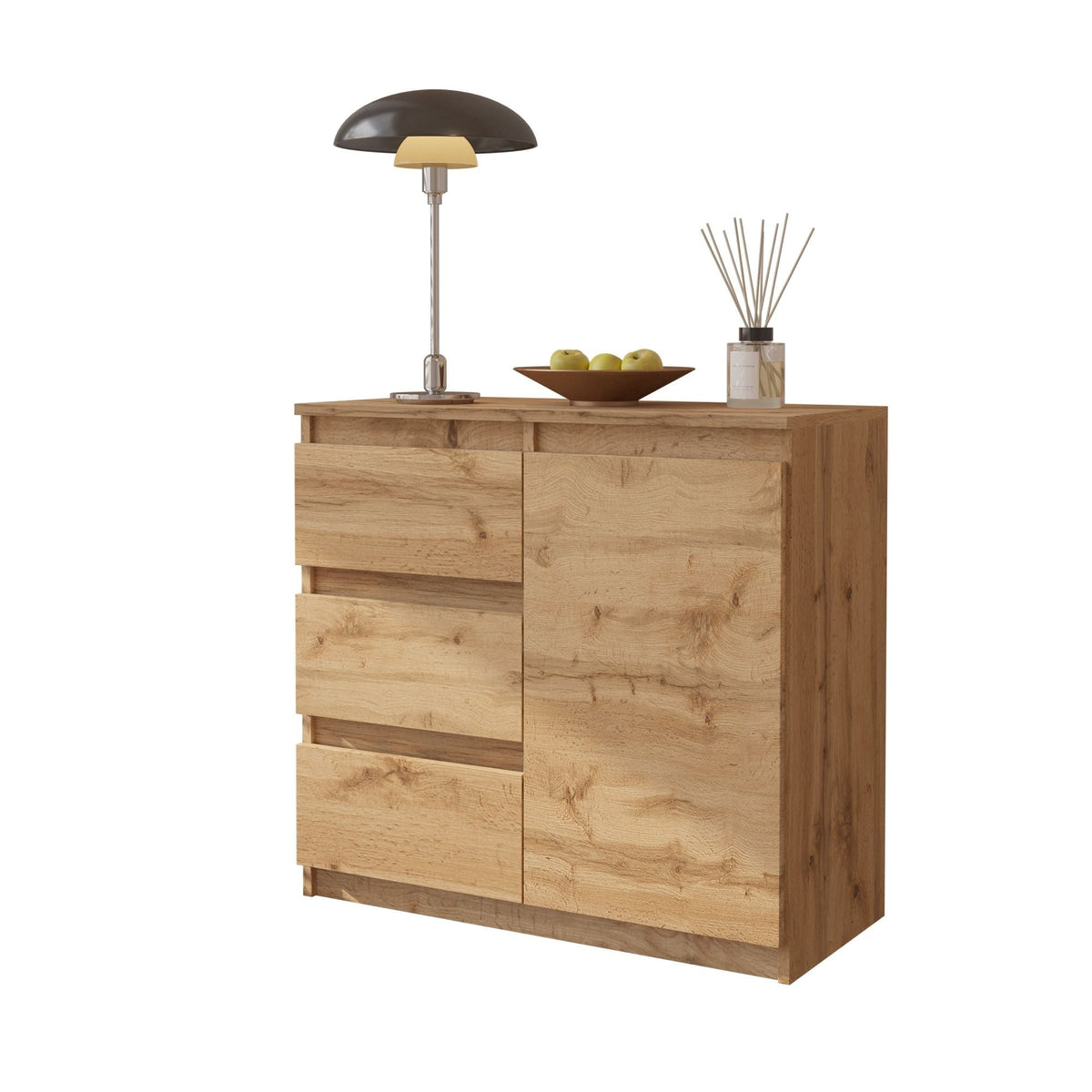 JUSTUS Dressoir 80 x 75 x 35 cm – Sideboard met 1 Deur & 3 Laden, Wotan Eiken, Opbergkast