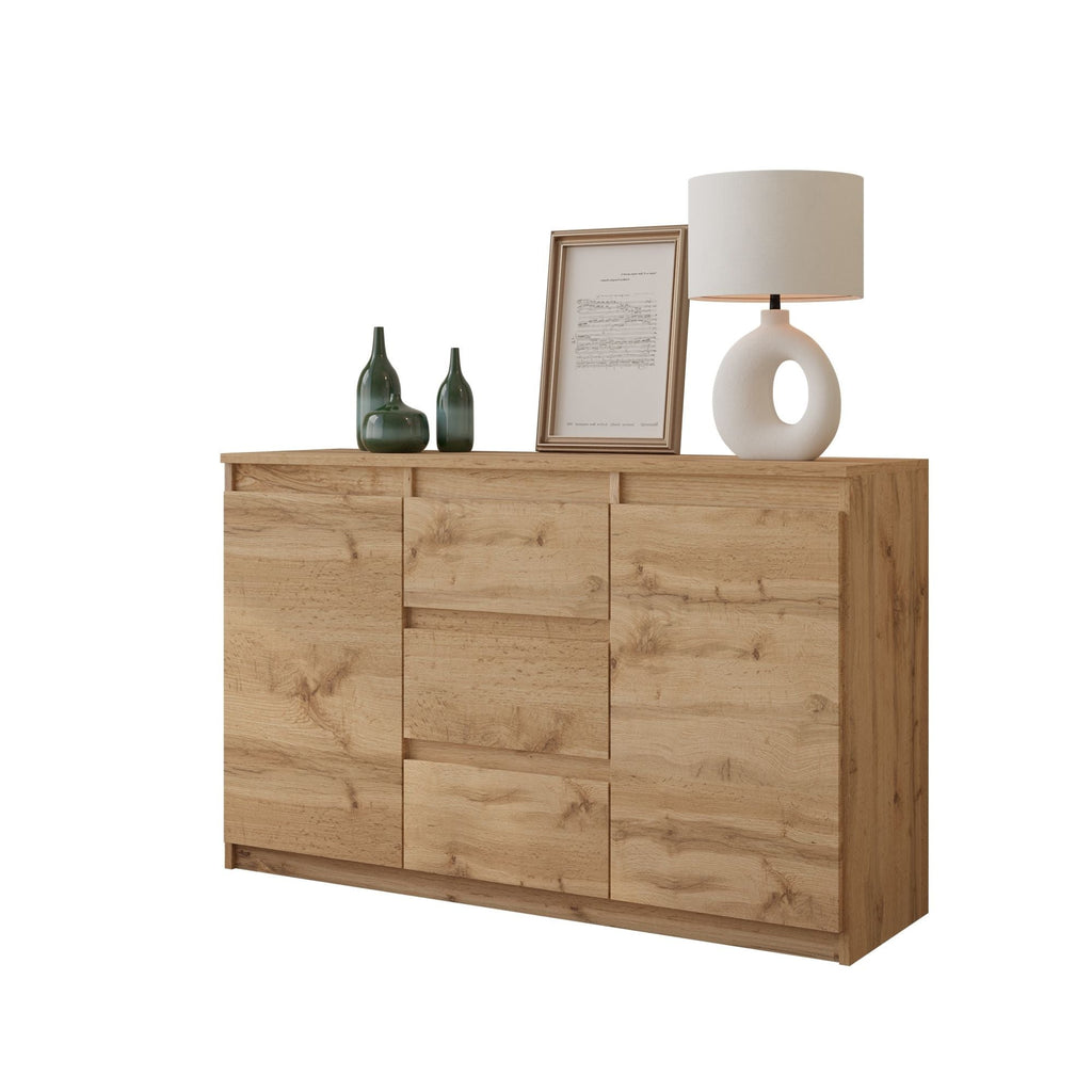 LUITZEN Dressoir 120 x 75 x 35 cm – Sideboard met 2 Deuren & 3 Laden, Wotan Eiken, Opbergkast