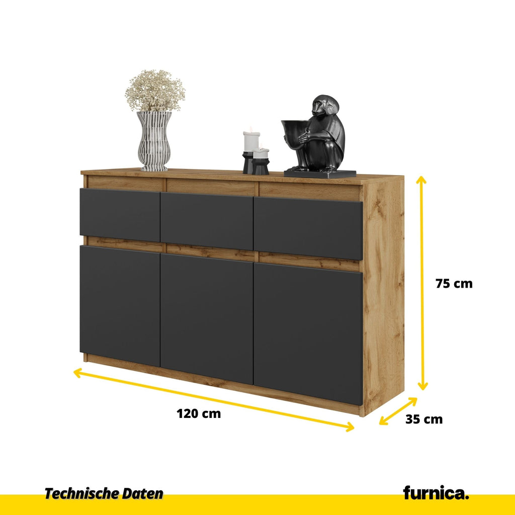 BRAM Dressoir 120 x 75 x 35 cm – 3 Deuren & 3 Lades, Wotan Eiken & Antracietgrijs