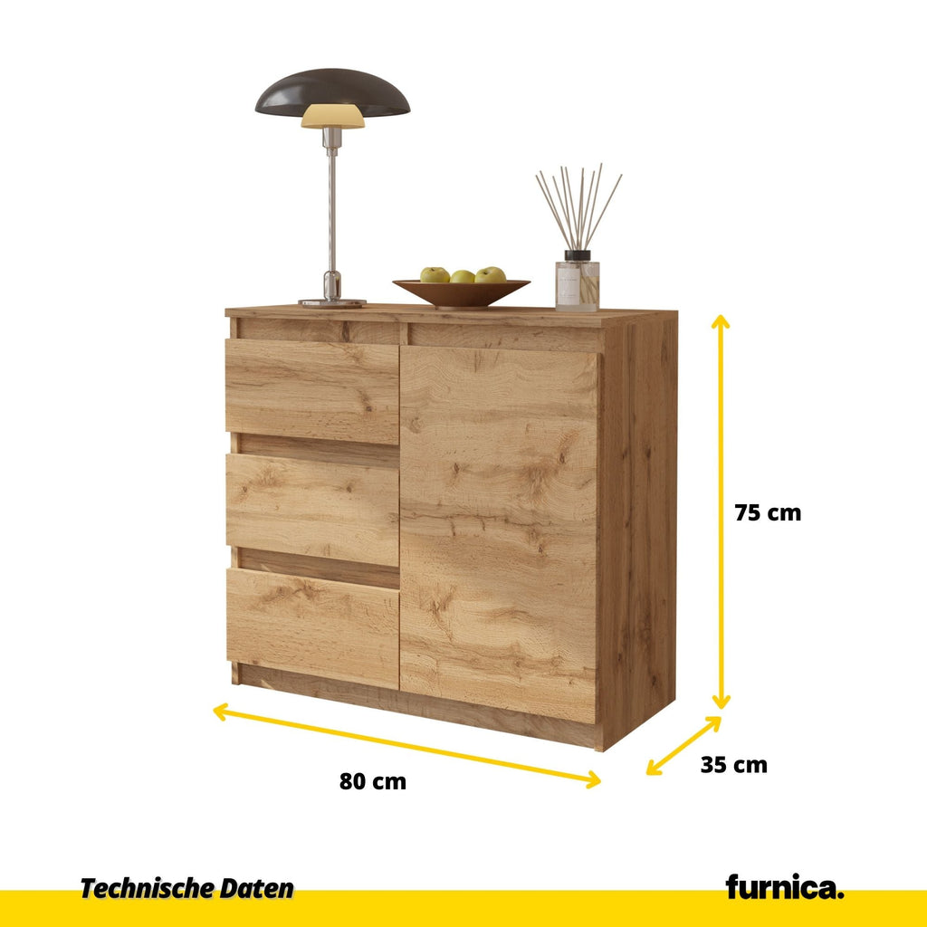 JUSTUS Dressoir 80 x 75 x 35 cm – Sideboard met 1 Deur & 3 Laden, Wotan Eiken, Opbergkast